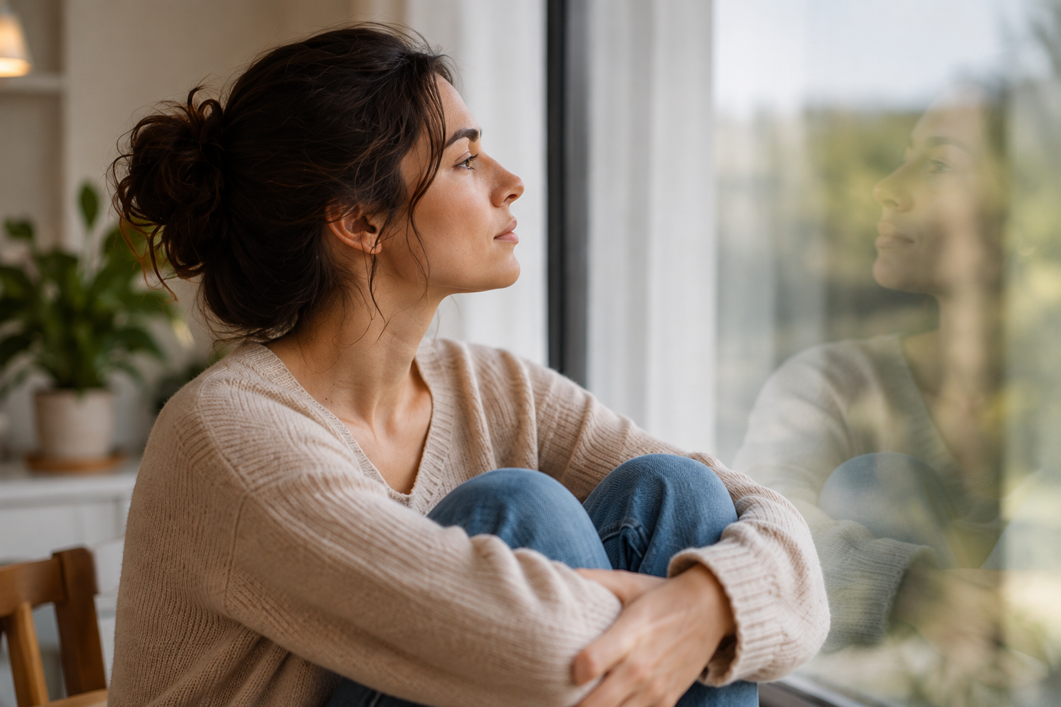 Mujer reflexionando sobre sus emociones y relaciones
